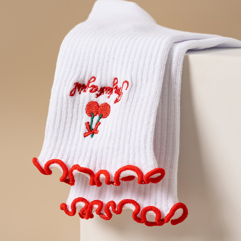 Girls Embroidery Calf Socks Non-Slip Mid-Calf Lace Yoga Socks Breathable Pilates Supportive Fit Leg In Gym