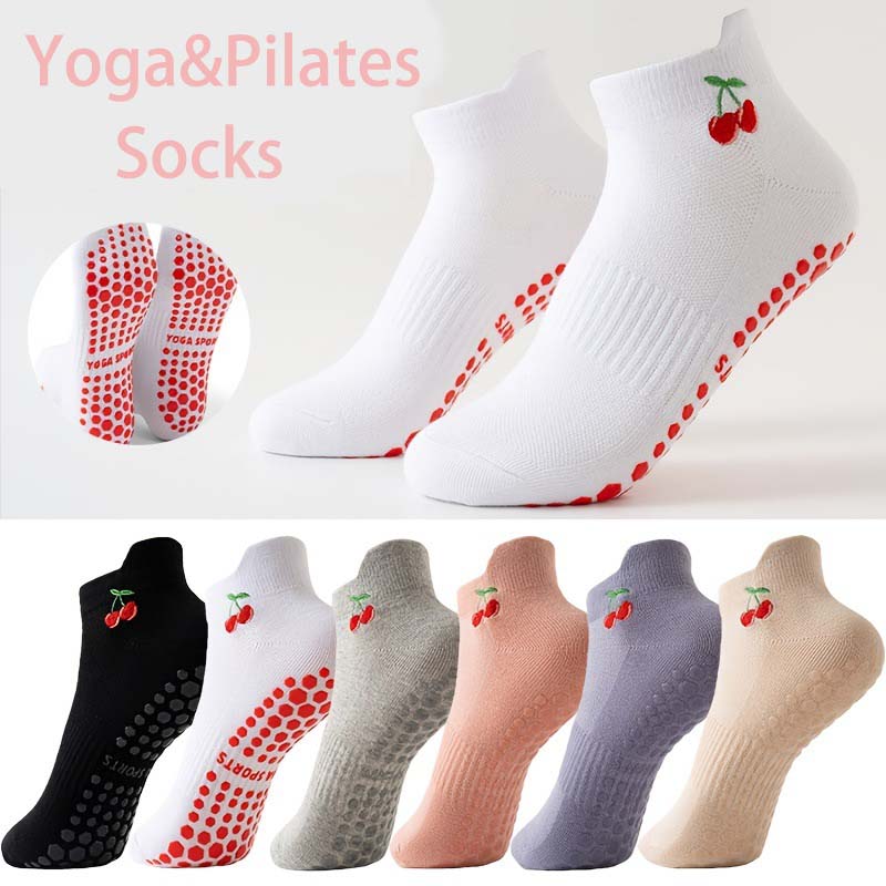 Girls Cherry Embroidery Socks Non-Slip Ankle Yoga Socks Breathable Pilates Supportive Fit Leg In Gym