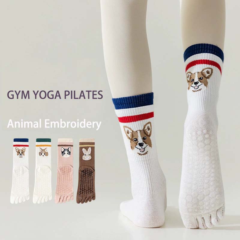 Combed Cotton Rabbit Logo Mid Calf Five-toe Sports Socks Silicone Non-Slip Yoga Socks Breathable Pilates Socks In Gym
