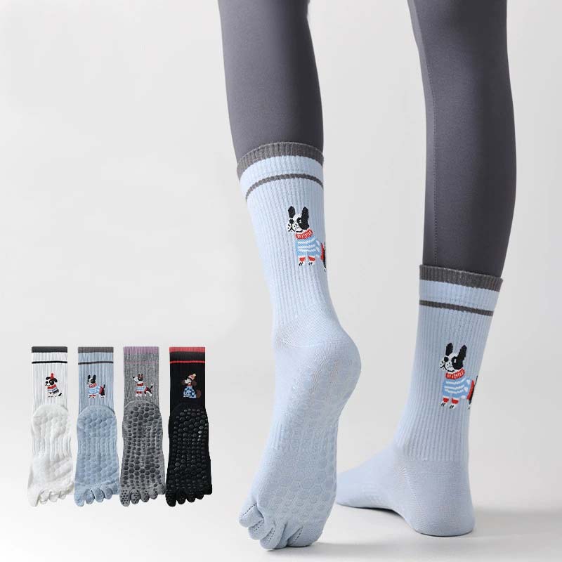 Long-Staple Cotton Dog Logo Mid Calf Five-toe Sports Socks Silicone Non-Slip Yoga Socks Breathable Pilates Socks In Gym